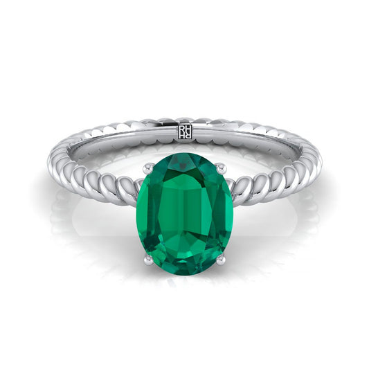 14K White Gold Oval Emerald Twisted Rope Solitaire With Surprize Diamond Engagement Ring