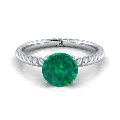 14K White Gold Round Brilliant Emerald Twisted Rope Solitaire With Surprize Diamond Engagement Ring