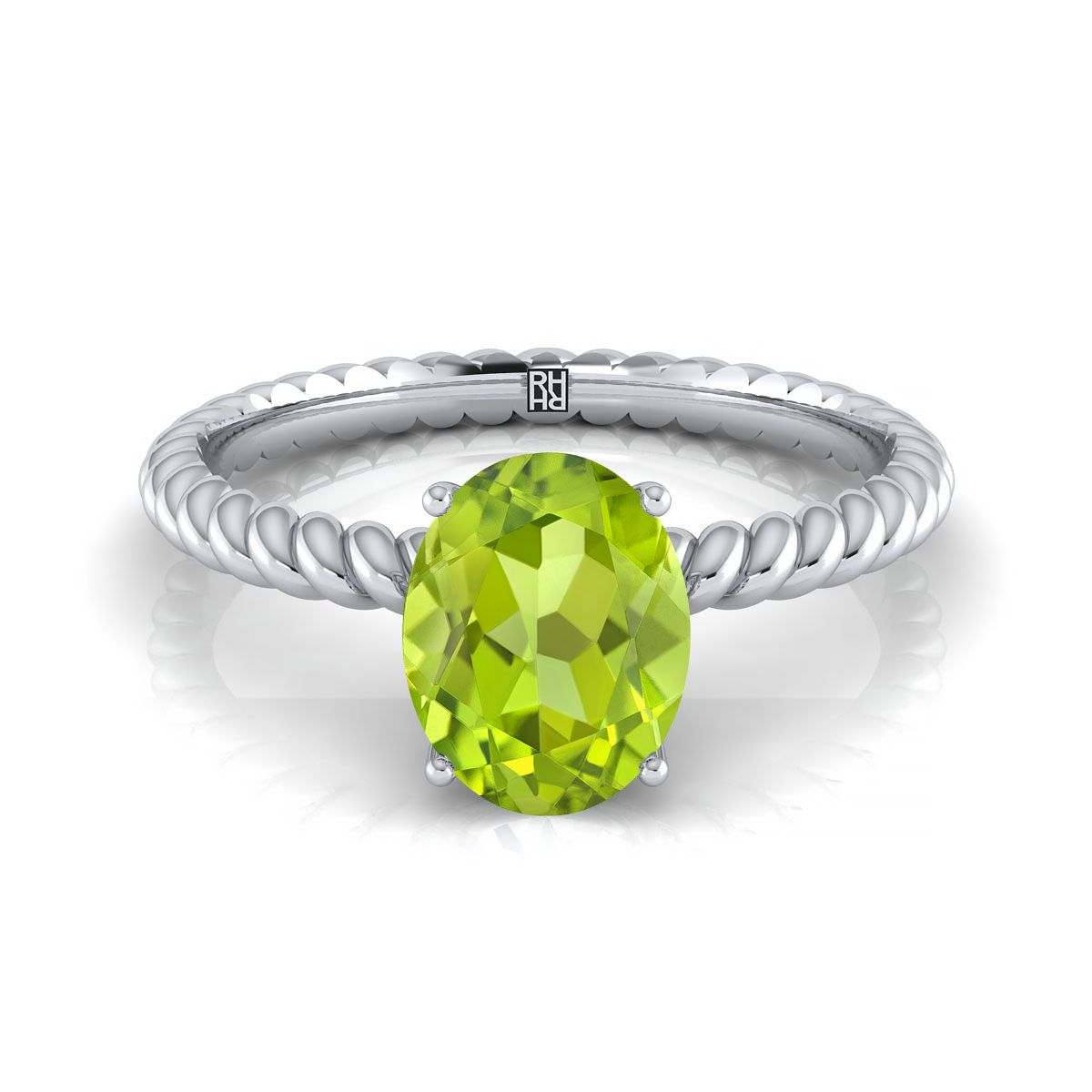 18K White Gold Oval Peridot Twisted Rope Solitaire With Surprize Diamond Engagement Ring