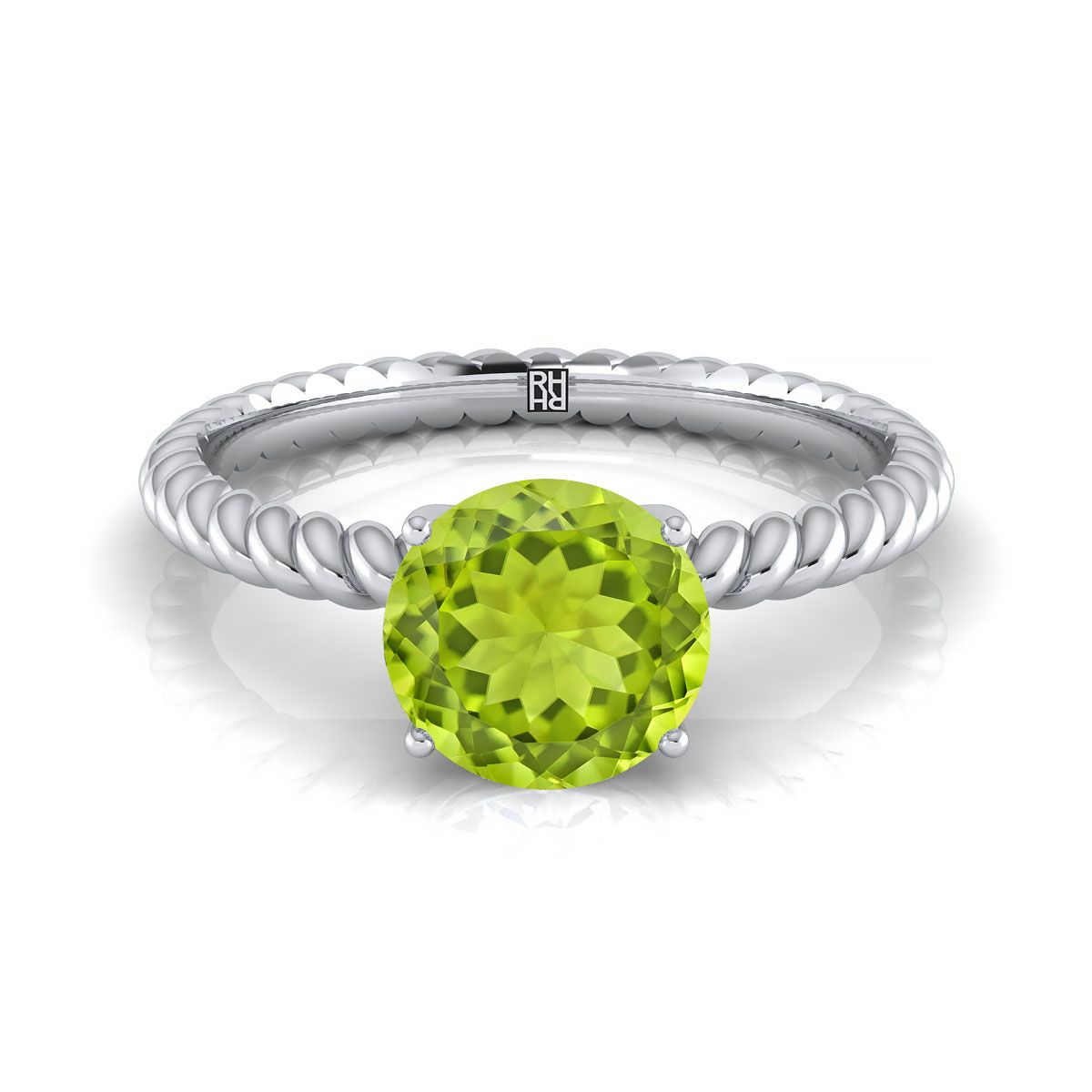 Platinum Round Brilliant Peridot Twisted Rope Solitaire With Surprize Diamond Engagement Ring