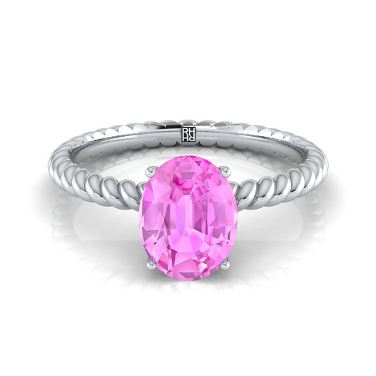 18K White Gold Oval Pink Sapphire Twisted Rope Solitaire With Surprize Diamond Engagement Ring