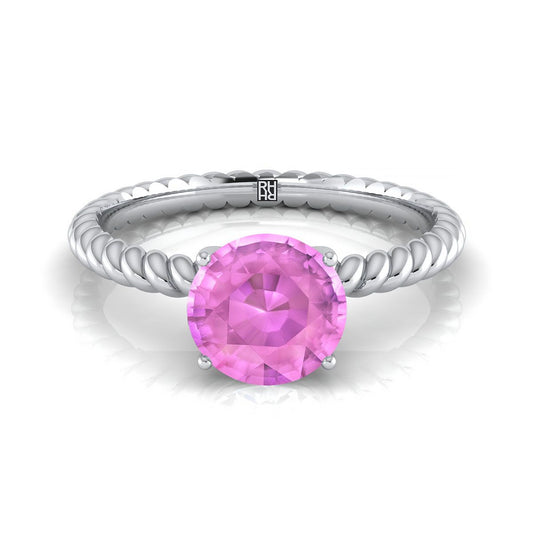 14K White Gold Round Brilliant Pink Sapphire Twisted Rope Solitaire With Surprize Diamond Engagement Ring