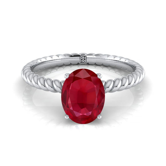 14K White Gold Oval Ruby Twisted Rope Solitaire With Surprize Diamond Engagement Ring