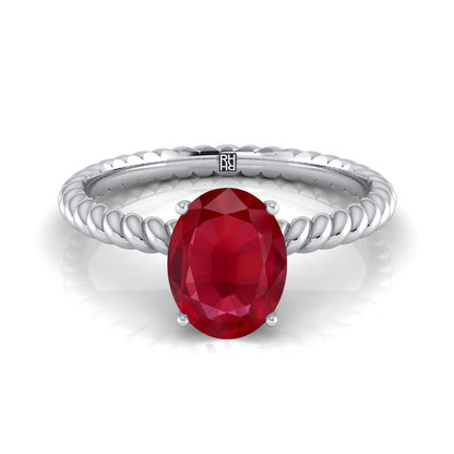 18K White Gold Oval Ruby Twisted Rope Solitaire With Surprize Diamond Engagement Ring