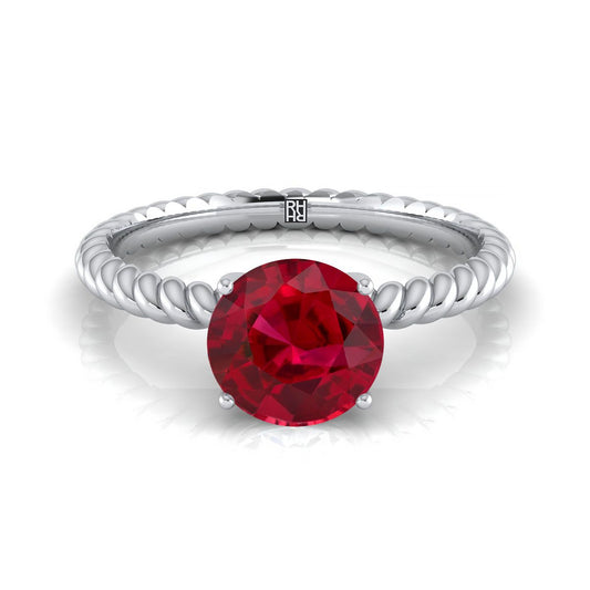 14K White Gold Round Brilliant Ruby Twisted Rope Solitaire With Surprize Diamond Engagement Ring