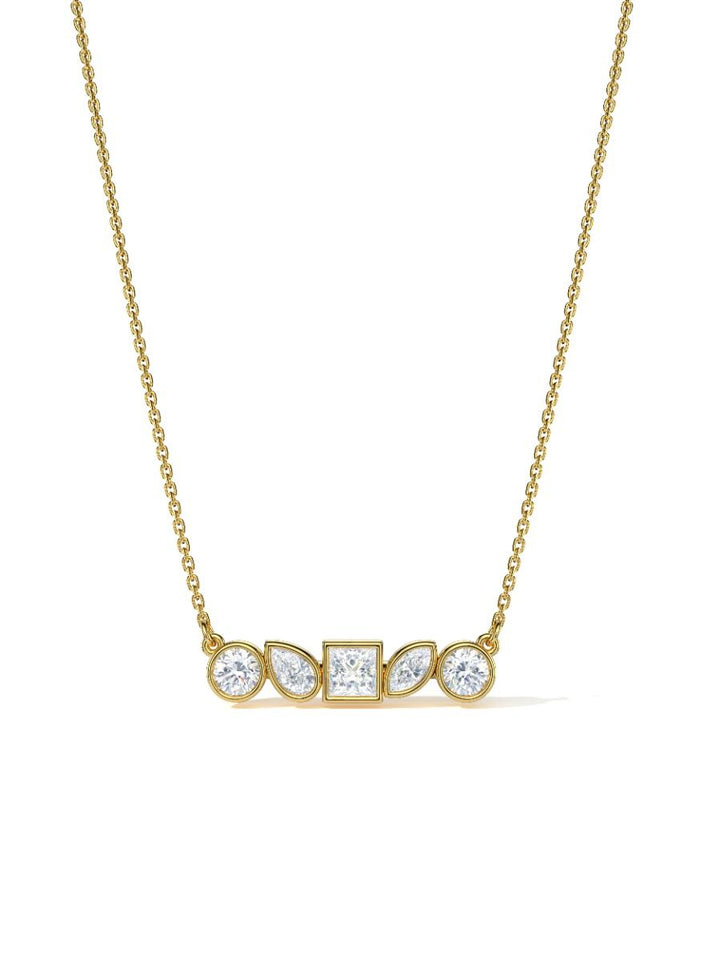ROCKHER 14K Yellow Plate.925 Sterling Silver Five Fancy White Cubic Zirconia Bezel Set Line Pendant Necklace on 18" Chain | RockHer