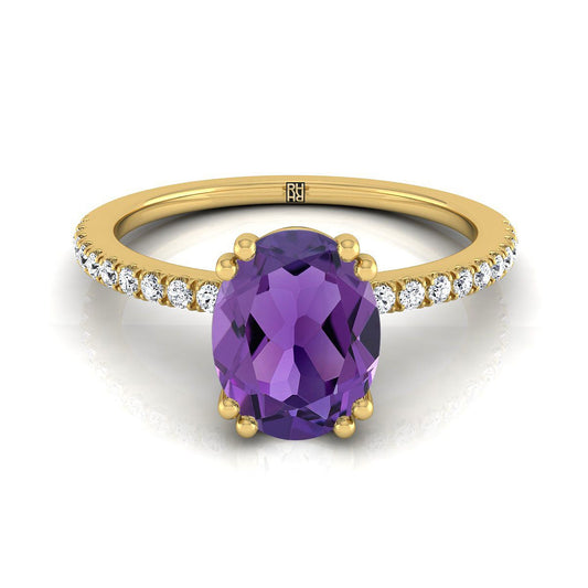 14K Yellow Gold Oval Amethyst Simple French Pave Double Claw Prong Diamond Engagement Ring -1/6ctw
