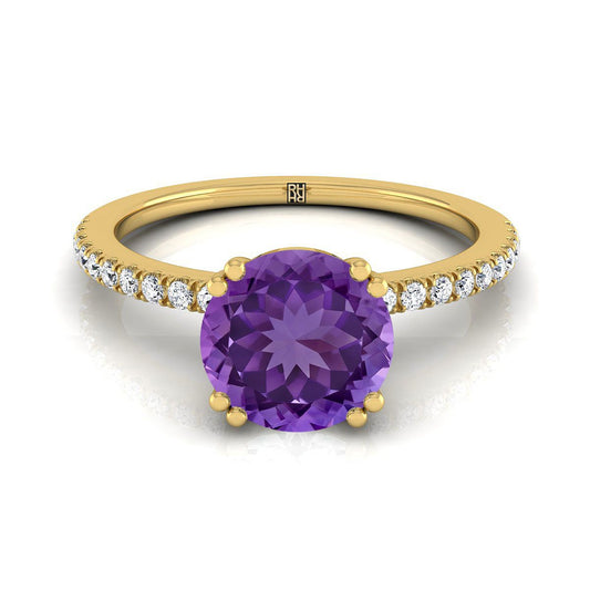 14K Yellow Gold Round Brilliant Amethyst Simple French Pave Double Claw Prong Diamond Engagement Ring -1/6ctw