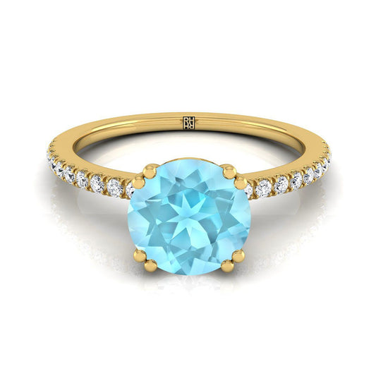 18K Yellow Gold Round Brilliant Aquamarine Simple French Pave Double Claw Prong Diamond Engagement Ring -1/6ctw