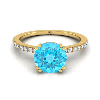 18K Yellow Gold Round Brilliant Swiss Blue Topaz Simple French Pave Double Claw Prong Diamond Engagement Ring -1/6ctw
