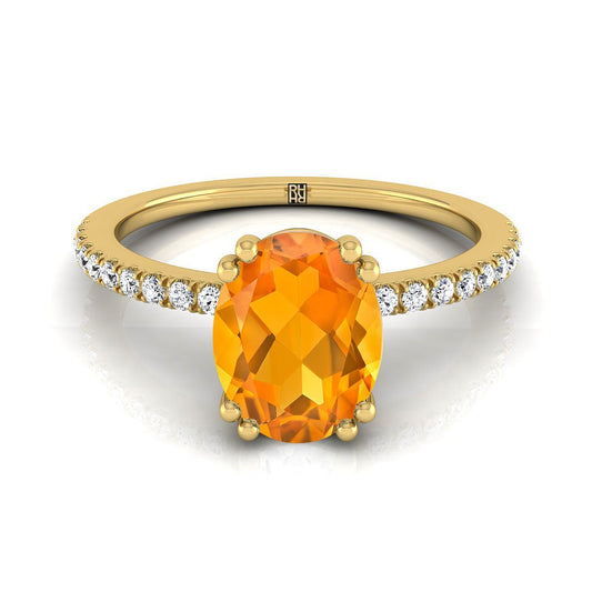 18K Yellow Gold Oval Citrine Simple French Pave Double Claw Prong Diamond Engagement Ring -1/6ctw