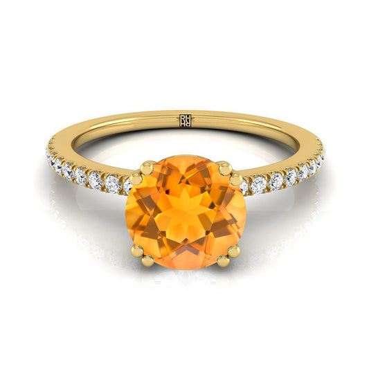 18K Yellow Gold Round Brilliant Citrine Simple French Pave Double Claw Prong Diamond Engagement Ring -1/6ctw