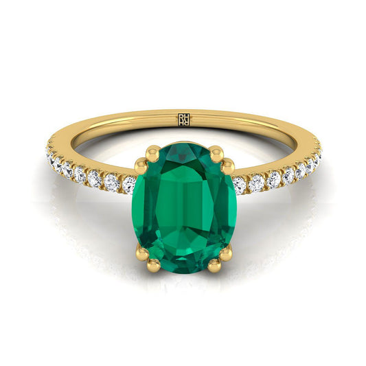 14K Yellow Gold Oval Emerald Simple French Pave Double Claw Prong Diamond Engagement Ring -1/6ctw