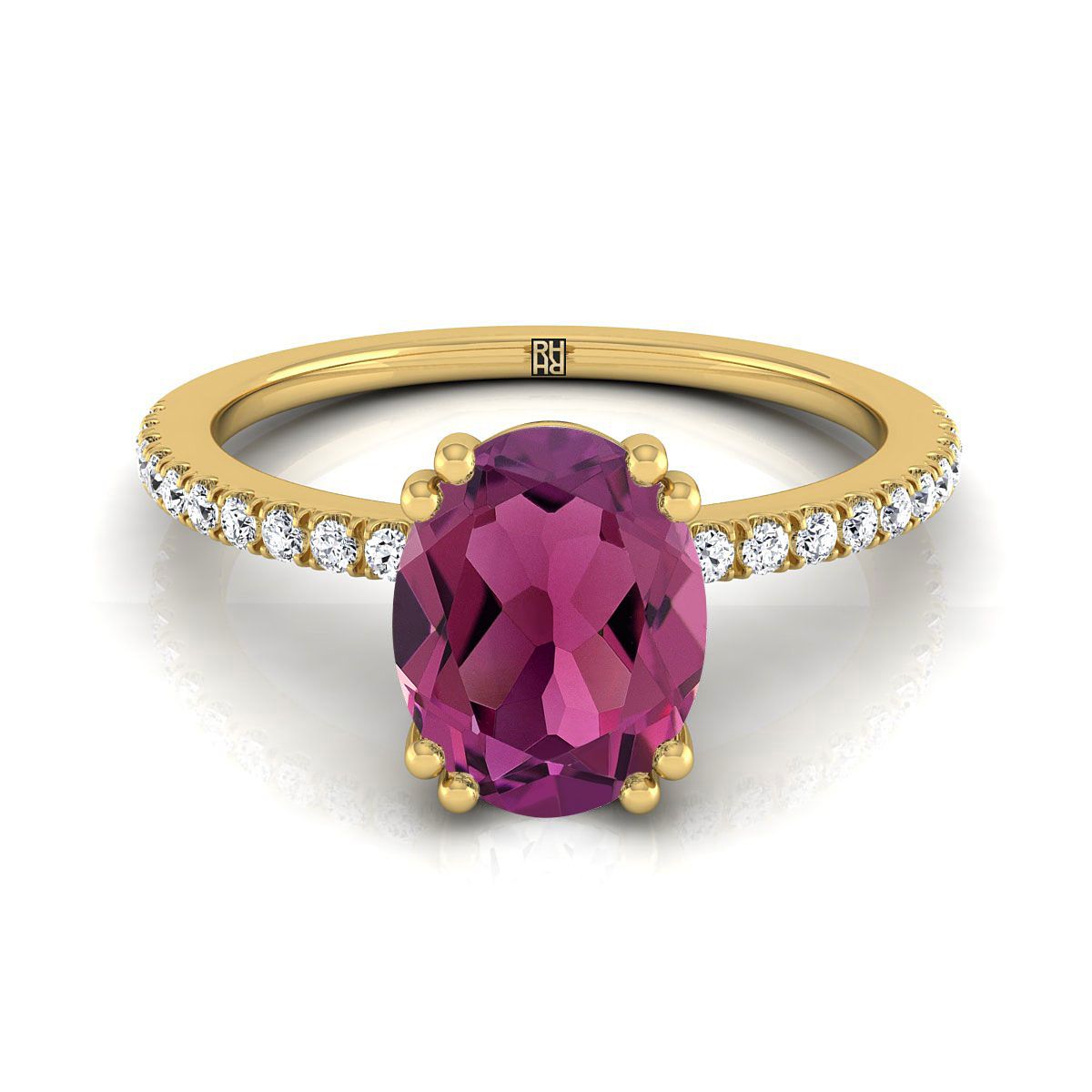 18K Yellow Gold Oval Garnet Simple French Pave Double Claw Prong Diamond Engagement Ring -1/6ctw