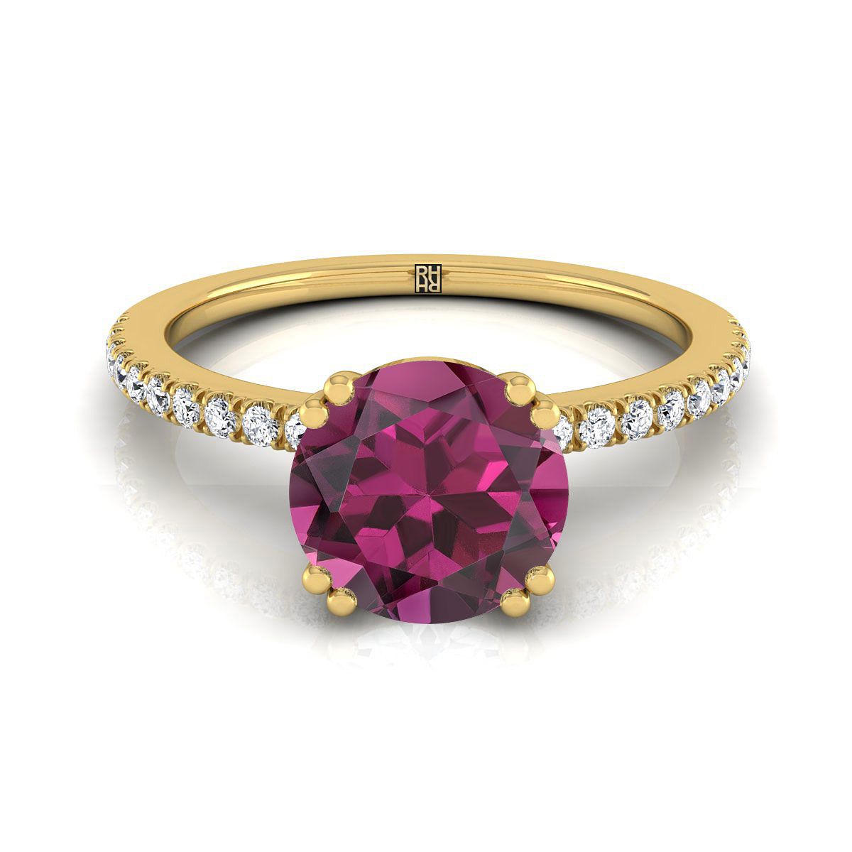 18K Yellow Gold Round Brilliant Garnet Simple French Pave Double Claw Prong Diamond Engagement Ring -1/6ctw