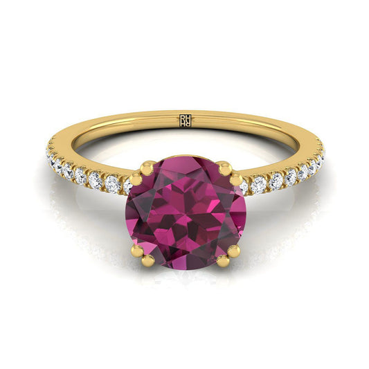 14K Yellow Gold Round Brilliant Garnet Simple French Pave Double Claw Prong Diamond Engagement Ring -1/6ctw