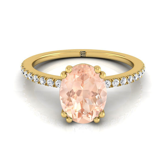 18K Yellow Gold Oval Morganite Simple French Pave Double Claw Prong Diamond Engagement Ring -1/6ctw