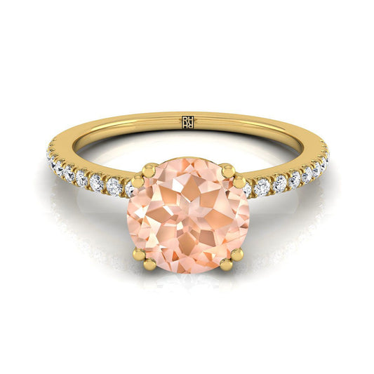 14K Yellow Gold Round Brilliant Morganite Simple French Pave Double Claw Prong Diamond Engagement Ring -1/6ctw