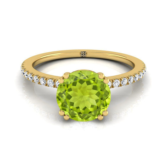 18K Yellow Gold Round Brilliant Peridot Simple French Pave Double Claw Prong Diamond Engagement Ring -1/6ctw