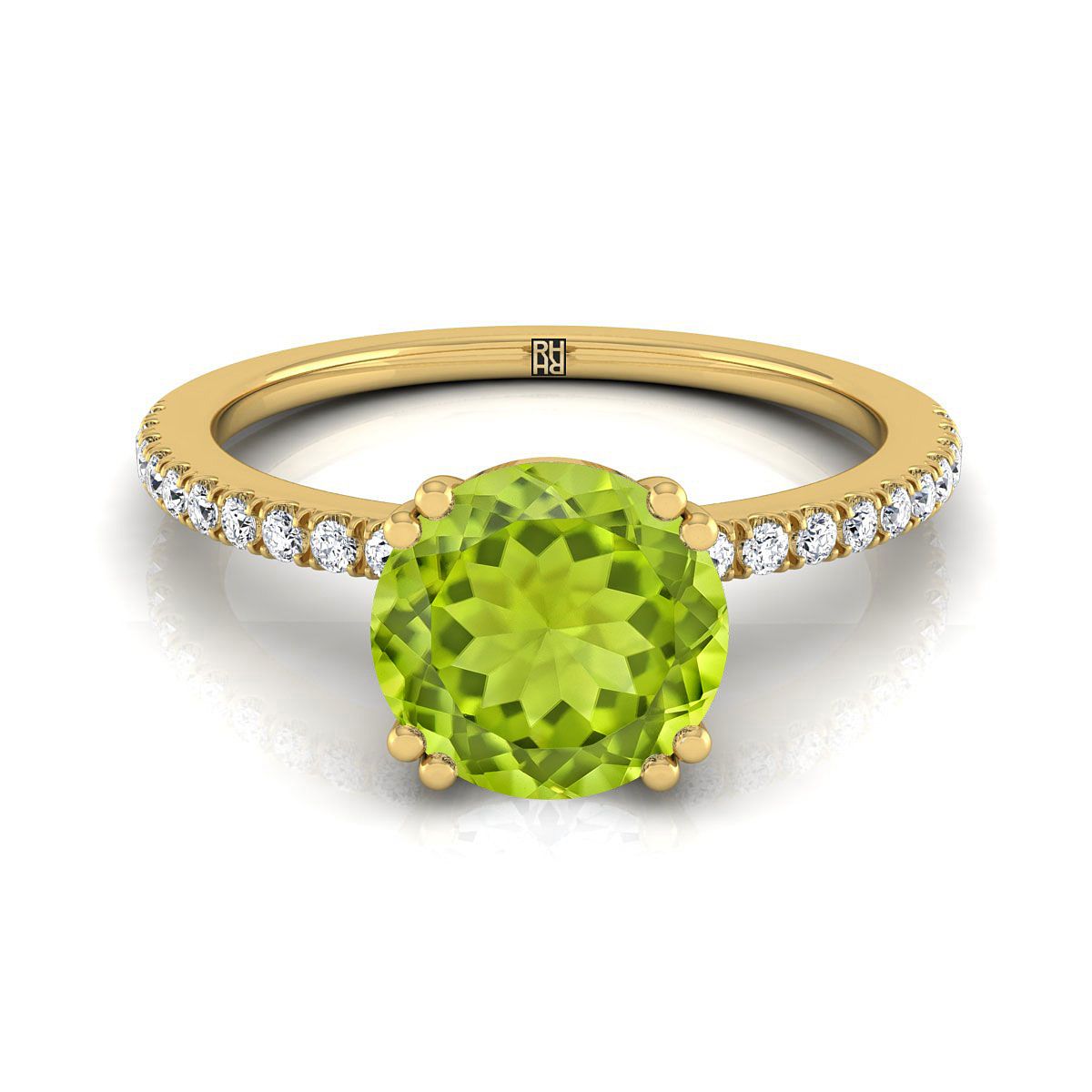 14K Yellow Gold Round Brilliant Peridot Simple French Pave Double Claw Prong Diamond Engagement Ring -1/6ctw