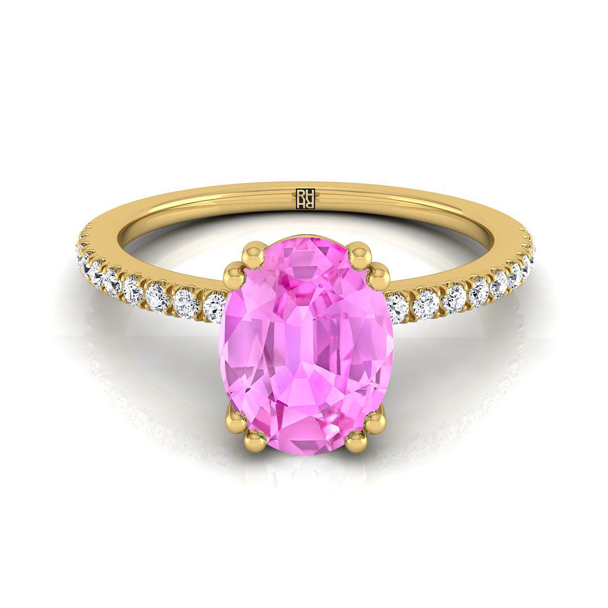 14K Yellow Gold Oval Pink Sapphire Simple French Pave Double Claw Prong Diamond Engagement Ring -1/6ctw