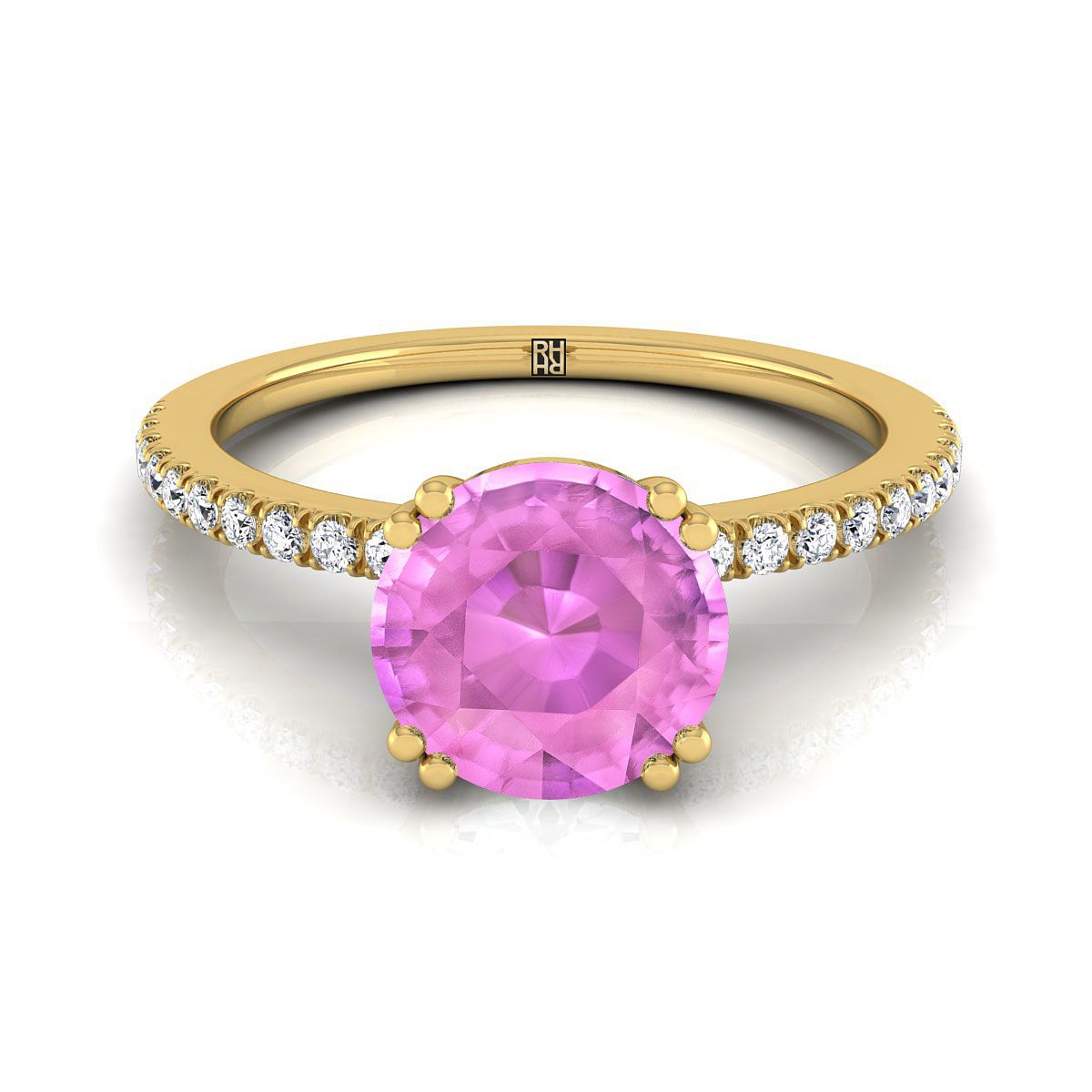 18K Yellow Gold Round Brilliant Pink Sapphire Simple French Pave Double Claw Prong Diamond Engagement Ring -1/6ctw