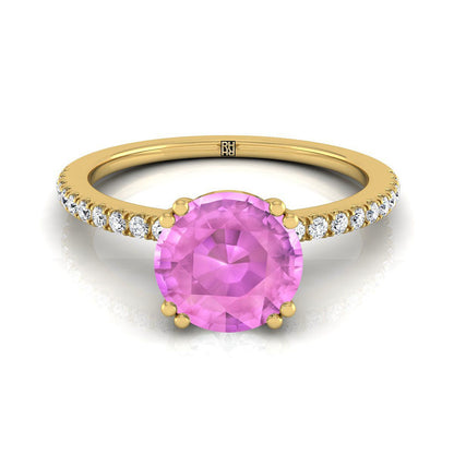 18K Yellow Gold Round Brilliant Pink Sapphire Simple French Pave Double Claw Prong Diamond Engagement Ring -1/6ctw