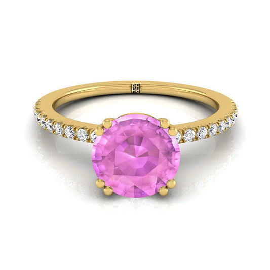 14K Yellow Gold Round Brilliant Pink Sapphire Simple French Pave Double Claw Prong Diamond Engagement Ring -1/6ctw