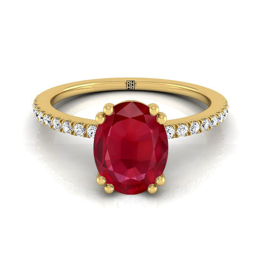 14K Yellow Gold Oval Ruby Simple French Pave Double Claw Prong Diamond Engagement Ring -1/6ctw