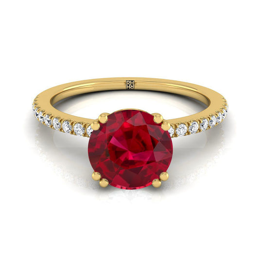 18K Yellow Gold Round Brilliant Ruby Simple French Pave Double Claw Prong Diamond Engagement Ring -1/6ctw