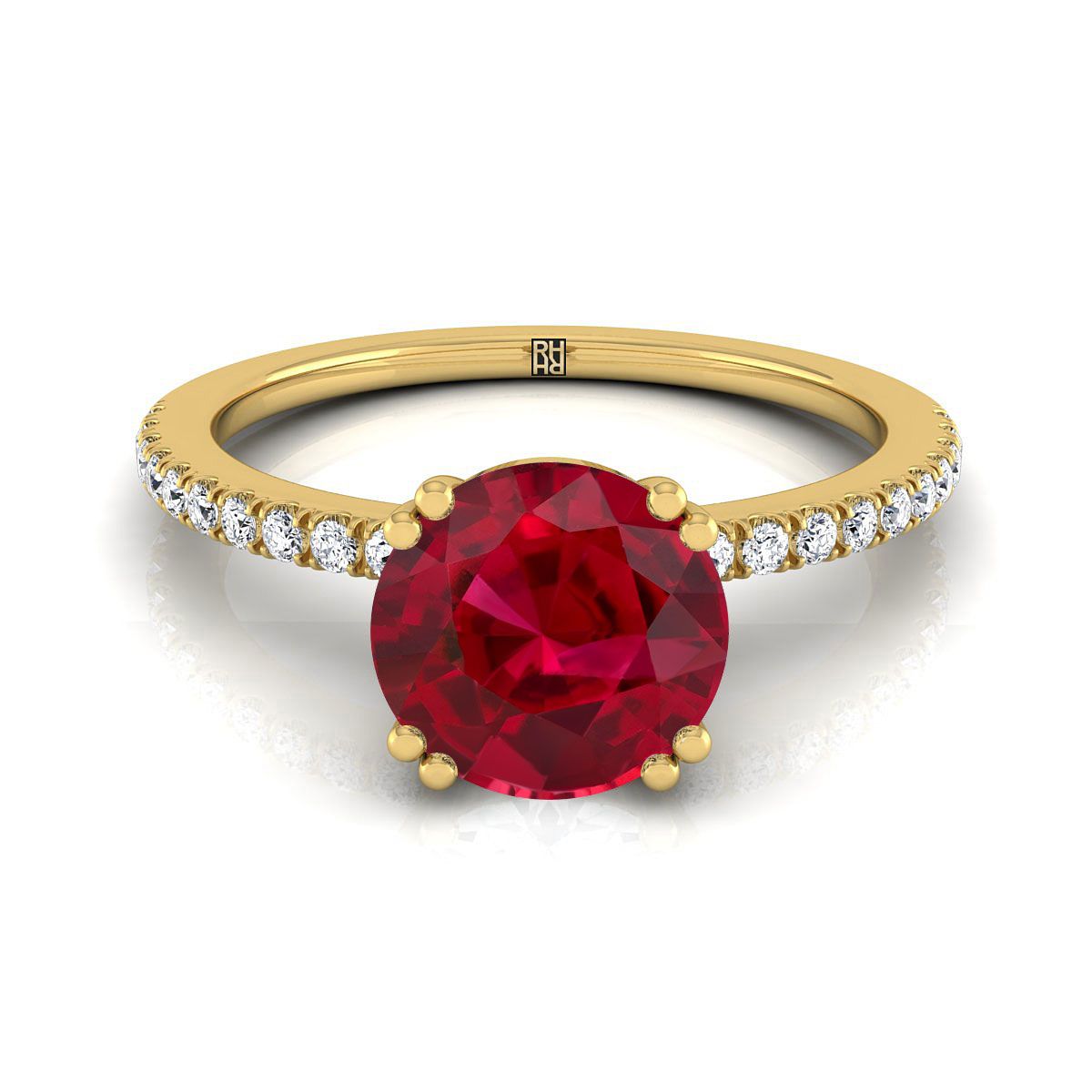 18K Yellow Gold Round Brilliant Ruby Simple French Pave Double Claw Prong Diamond Engagement Ring -1/6ctw