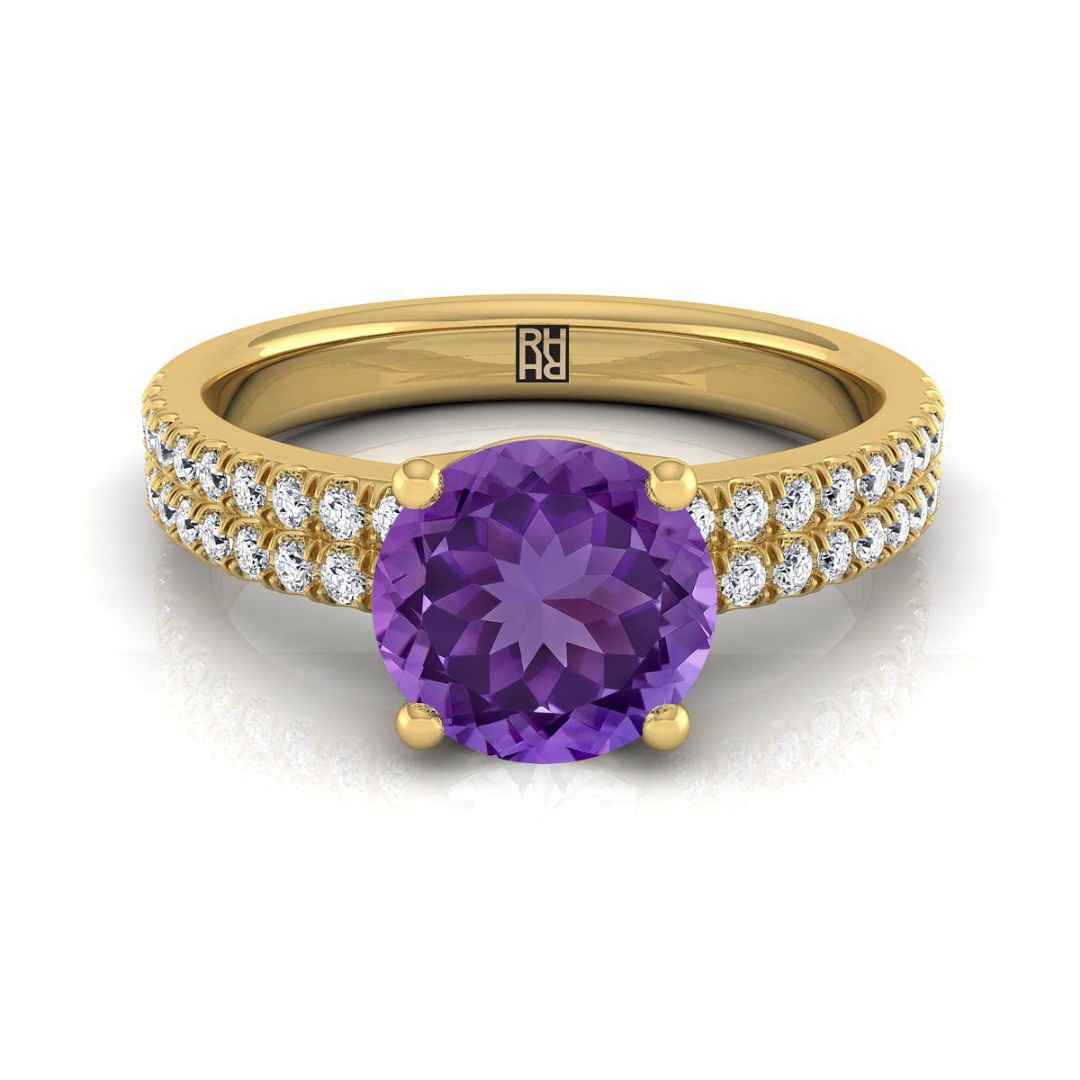 14K Yellow Gold Round Brilliant Amethyst Double Pave Diamond Row Engagement Ring -1/4ctw