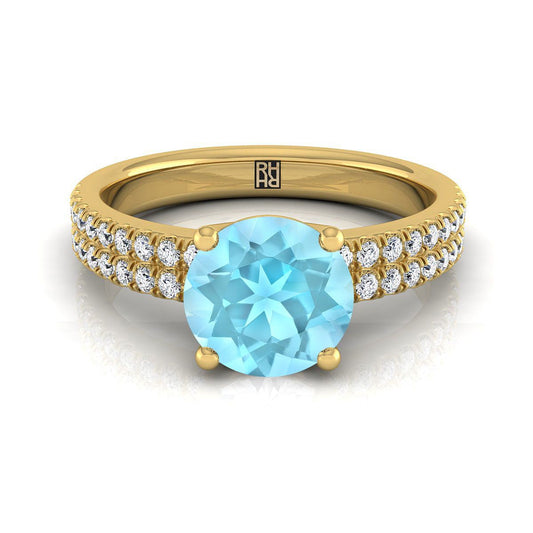 14K Yellow Gold Round Brilliant Aquamarine Double Pave Diamond Row Engagement Ring -1/4ctw