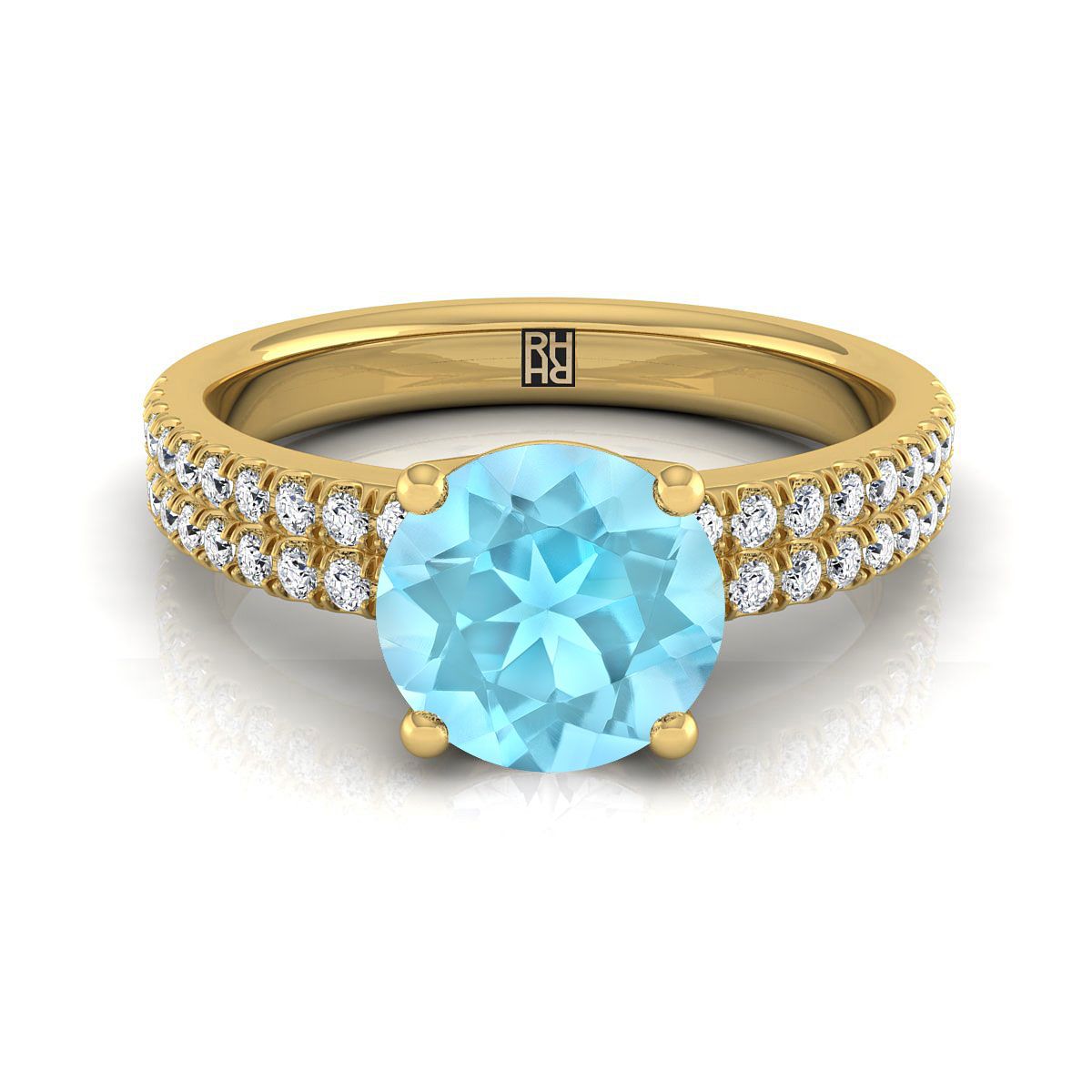 18K Yellow Gold Round Brilliant Aquamarine Double Pave Diamond Row Engagement Ring -1/4ctw