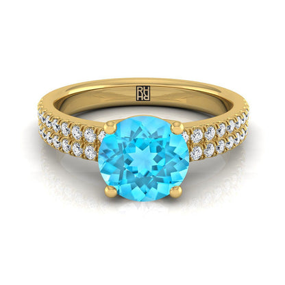 14K Yellow Gold Round Brilliant Swiss Blue Topaz Double Pave Diamond Row Engagement Ring -1/4ctw