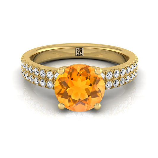14K Yellow Gold Round Brilliant Citrine Double Pave Diamond Row Engagement Ring -1/4ctw