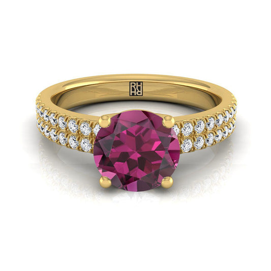 18K Yellow Gold Round Brilliant Garnet Double Pave Diamond Row Engagement Ring -1/4ctw