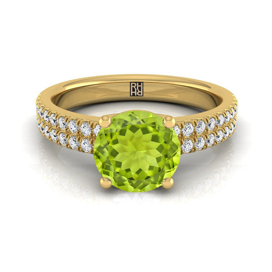 14K Yellow Gold Round Brilliant Peridot Double Pave Diamond Row Engagement Ring -1/4ctw