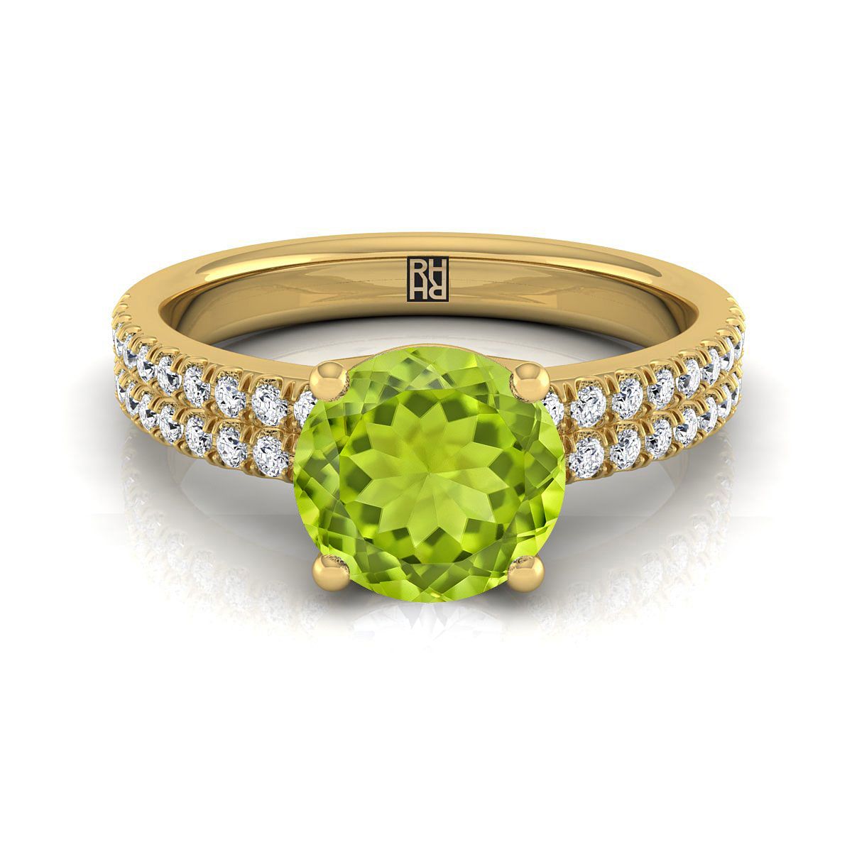 14K Yellow Gold Round Brilliant Peridot Double Pave Diamond Row Engagement Ring -1/4ctw