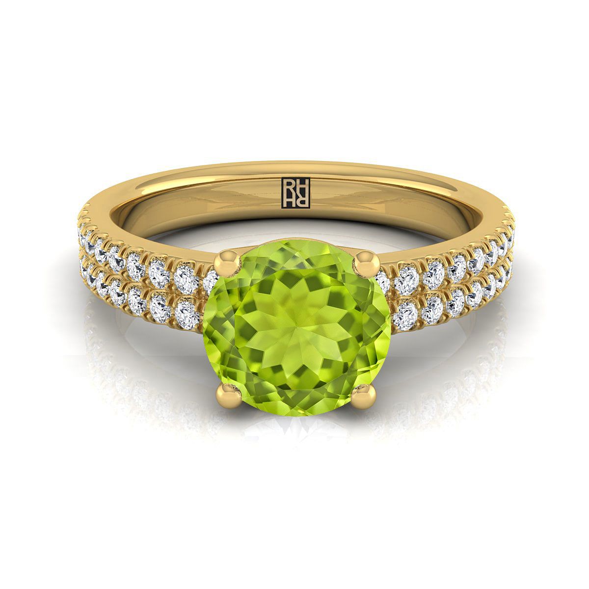 18K Yellow Gold Round Brilliant Peridot Double Pave Diamond Row Engagement Ring -1/4ctw