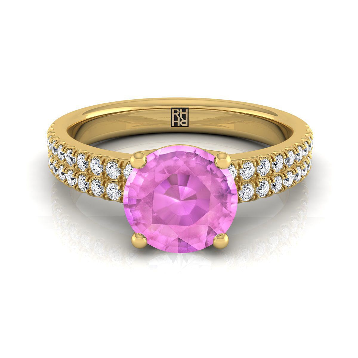 14K Yellow Gold Round Brilliant Pink Sapphire Double Pave Diamond Row Engagement Ring -1/4ctw
