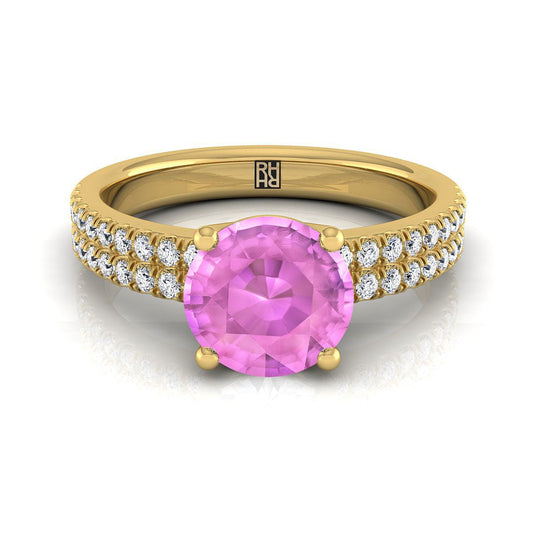 18K Yellow Gold Round Brilliant Pink Sapphire Double Pave Diamond Row Engagement Ring -1/4ctw
