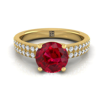 18K Yellow Gold Round Brilliant Ruby Double Pave Diamond Row Engagement Ring -1/4ctw