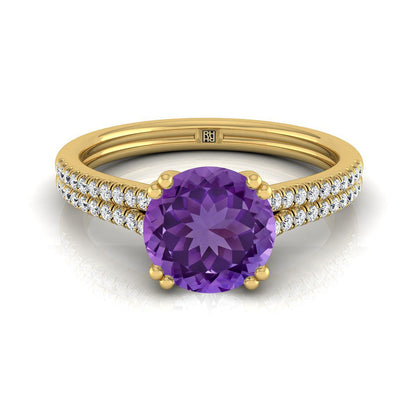 14K Yellow Gold Round Brilliant Amethyst Double Row Double Prong French Pave Diamond Engagement Ring -1/6ctw