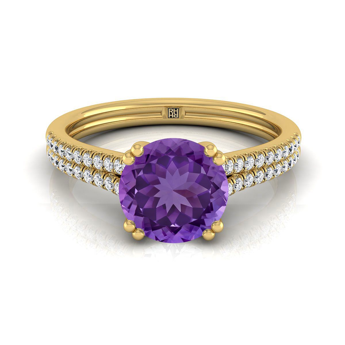 18K Yellow Gold Round Brilliant Amethyst Double Row Double Prong French Pave Diamond Engagement Ring -1/6ctw