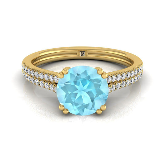 14K Yellow Gold Round Brilliant Aquamarine Double Row Double Prong French Pave Diamond Engagement Ring -1/6ctw