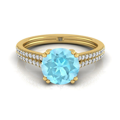 14K Yellow Gold Round Brilliant Aquamarine Double Row Double Prong French Pave Diamond Engagement Ring -1/6ctw