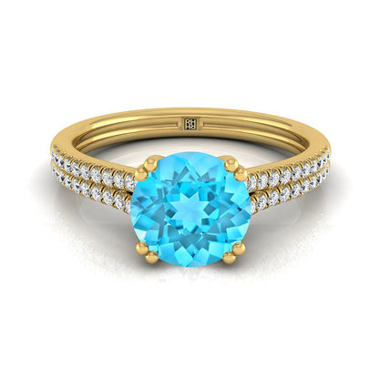 14K Yellow Gold Round Brilliant Swiss Blue Topaz Double Row Double Prong French Pave Diamond Engagement Ring -1/6ctw