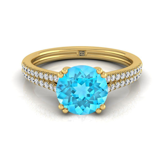 18K Yellow Gold Round Brilliant Swiss Blue Topaz Double Row Double Prong French Pave Diamond Engagement Ring -1/6ctw