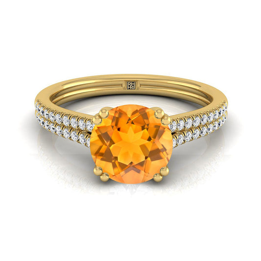 14K Yellow Gold Round Brilliant Citrine Double Row Double Prong French Pave Diamond Engagement Ring -1/6ctw